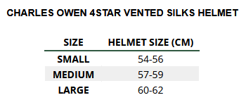 2025 Charles Owen 4Star Vented Silks Helmet  Größentabelle